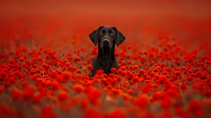  A black dog sits in a red flower field, beneath a darkened, red sky The pooch gazes directly at...