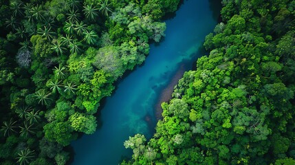 Fototapeta premium Aerial view of a river in the middle of a dense green forest, a nature landscape with jungle trees and foliage, a bird's eye view concept for environmentally friendly natural development.