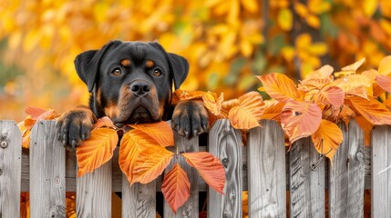  A black and brown dog sits atop a wooden fence beside an orange-and-yellow leafed tree A green and yellow tree stands in the background - Powered by Adobe