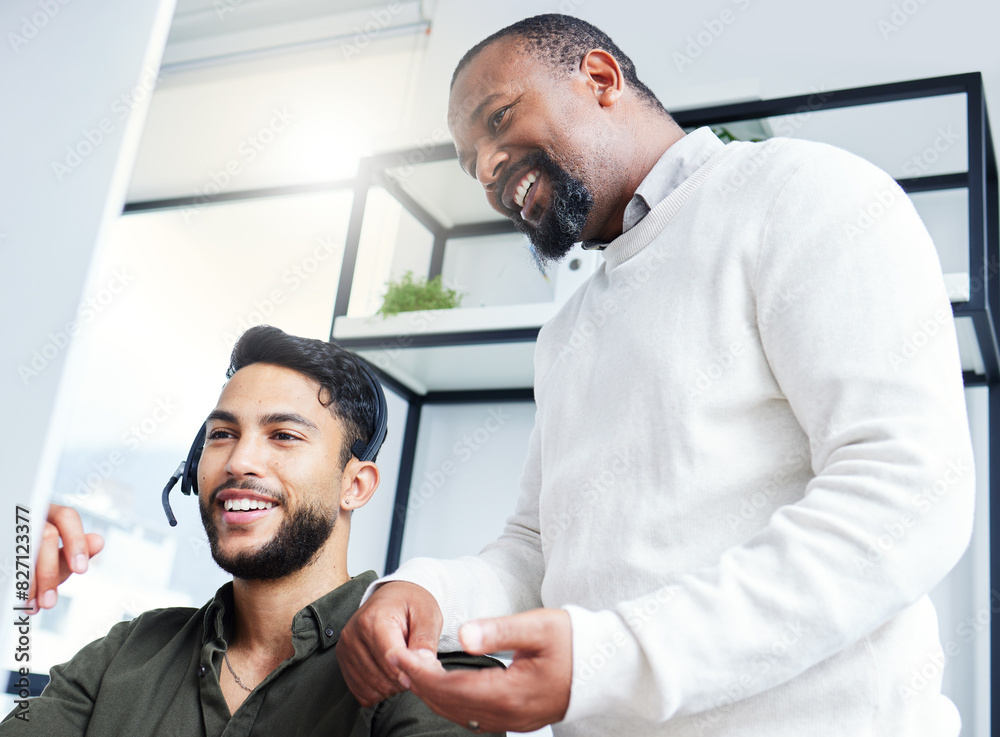 Poster advice, smile and man in call center with manager, computer and headset for lead generation in offic