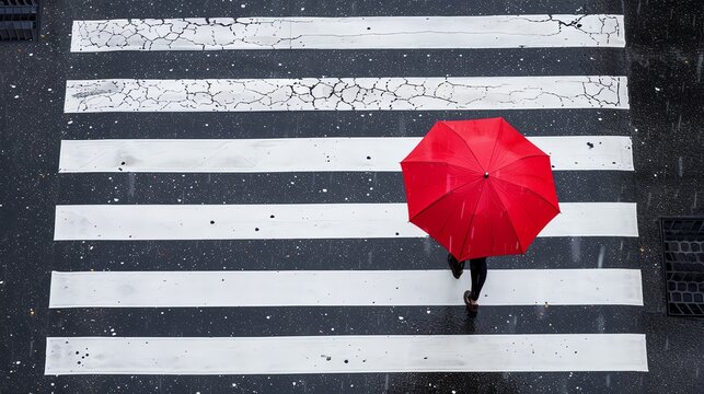 A red umbrella on the black and white striped crosswalk. A woman walking in the rain in the style of flat lay background.