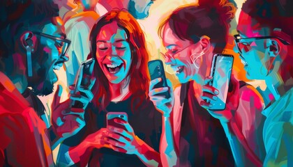 Tech-Savvy Smiles: A Vibrant 3D Collage of People Chatting with Apple iPhones and Samsung Gadgets