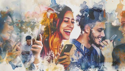 Sociable Smiles: Captivating 3D Graphics Collage of People Chatting on iPhone and Samsung Gadgets