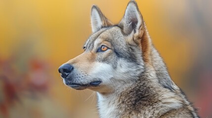 Naklejka na ściany i meble A close-up of a dog's face with a blurred background and a blurred doghead in the foreground