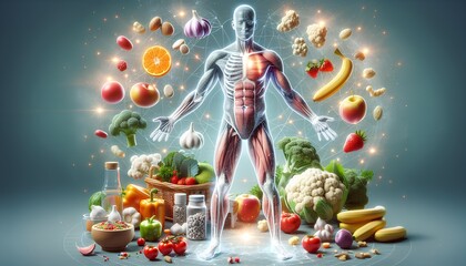 Healthy lifestyle, nutrition and fitness, balanced diet, the human body, muscular system, food for energy, vitamins and minerals, healthy eating habits, fresh fruits and vegetables, Whole Foods