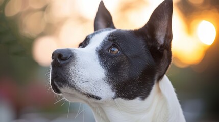 Obraz premium A tight shot of a black-and-white canine gazing into the distance Background softly blurred, featuring trees and a distant building