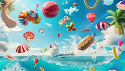 Obraz premium Escape to Summer: 3D Poster Collage Air Floating Season Discount Travel Agency Offer