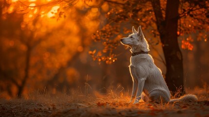  A white dog sits in the grass, gazing to the side, before a solitary tree Sunlight filters through distant trees, illuminating the scene