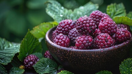 A bowl of fresh berries with dewdrops on a lush green foliage background 