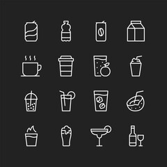 Drinks icon set, white on black background. Liquids, health drinks, juice, soda, cocktails, alcohol, smoothies. Customizable line weight.