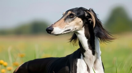  A tight shot of a dog in a field, yellow flowers surrounding its close foreground, background blurred with trees and yellow-flowered grass