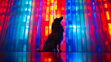  A dog sits before a multicolored wall, its head reflected in its paws behind Gazing upward at the...