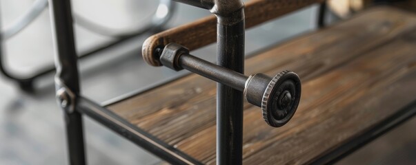A close-up view of the wheels and handle of the industrial-style rolling cart, emphasizing its functionality and durability in a sleek, modern design