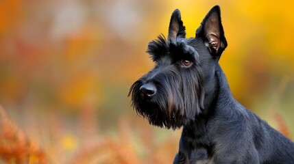  A black Schnauzer stands against a backdrop of autumnal grasses The foreground showcases a blurred expanse of grass, enhanced with golden hues and red leaves typical