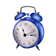 Antique alarm clock on a white background. The school alarm clock. Hand-drawn in Photoshop, imitation of watercolor. Suitable for postcards, invitations, home decor, packaging and business cards.