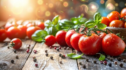  A collection of tomatoes atop a wooden table, with a bowl of tomatoes nearby and a basil sprig beside it - Powered by Adobe