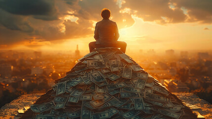 A man sitting on a large pile of money at sunset, overlooking a cityscape, symbolizing wealth and success