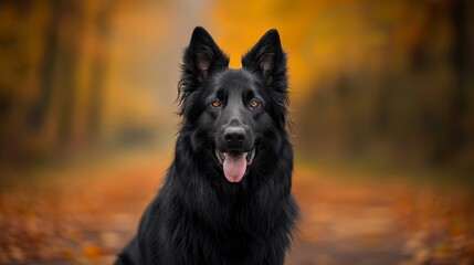  A black dog sits in a forest, surrounded by fallen leaves and a defined path Trees with leafy canopies flank the route on either side