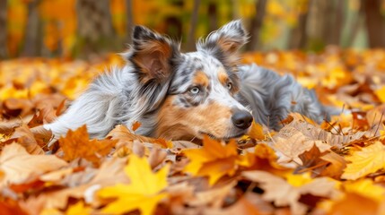  A dog resting atop a forested mound of orange, yellow, and green leaves