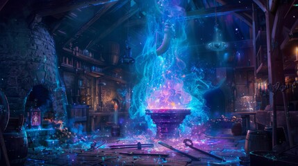 A mystical blacksmiths forge glowing with ethereal blue and purple flames