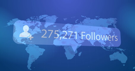 Image of icon, changing numbers, followers text over map against abstract background
