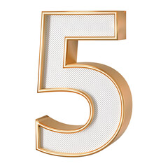 Number 5 . 3D render white number with golden outline