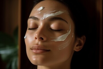 young woman with eyes closed and cream on face