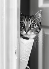 Cat holding toilet paper roll