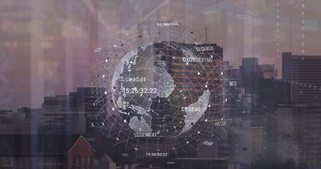 Image of grid pattern and changing numbers around globe over aerial view of modern