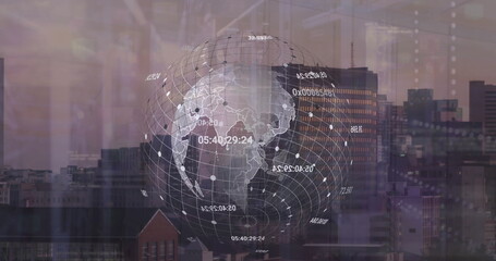 Image of grid pattern and changing numbers around globe over aerial view of modern