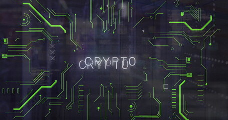 Image of crypto text and binary codes with circuit board pattern over data serve room