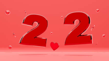 2.2 Shopping Day. Banner Template design special offer discount, Shopping day banner template, Sale Web Header template of text shiny red 2.2 on red background. 3d rendering