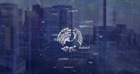 Image of lines and changing numbers around globe over modern city