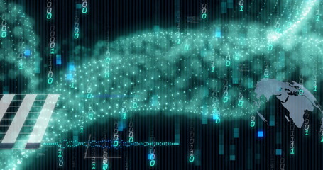 Image of binary codes moving in wave patterns over globes and graphs