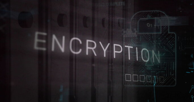 Image of encryption text and padlock over data server racks against black background