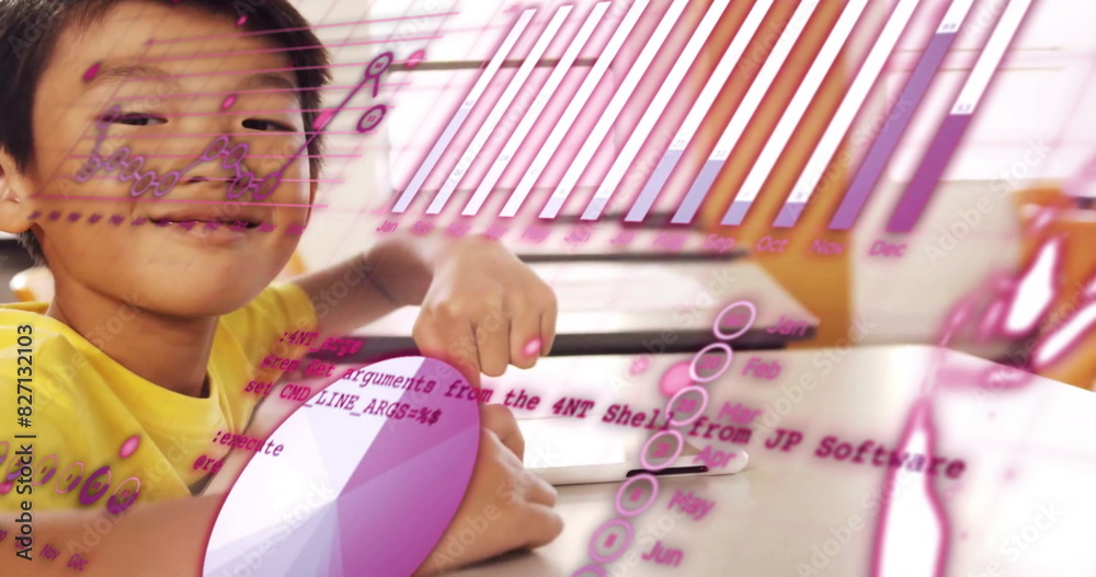 Poster image of graphs, globe and computer language over asian boy using digital tablet in classroom