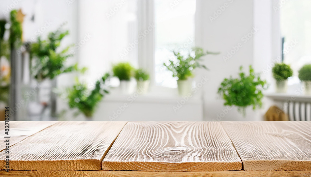 Poster empty table board and defocused indoor background. product display concept, high key light