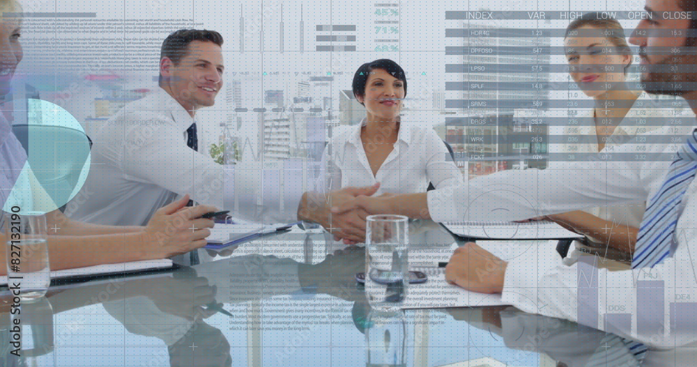 Canvas Prints Image of infographic interface over diverse happy business partners shaking hands in meeting