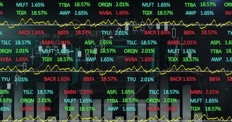 Image of multicolored trading board and multiple graphs over black background