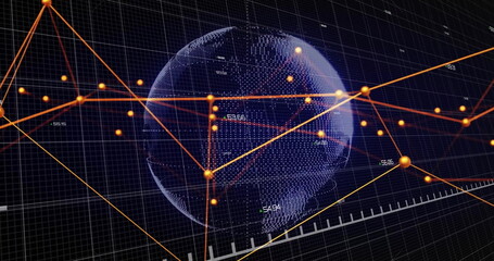 Image of red line graph showing loss over globe with connected dots and programming language