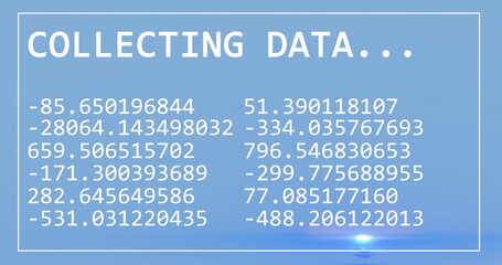 Image of collecting data text with numbers changing on blue background