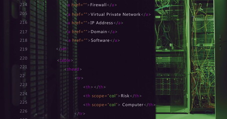 Lines of code overlaying dimly lit server room with numerous cables and equipment