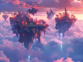 A surreal fantasy world with floating islands