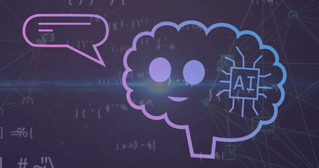 Image of ai text in brain and speech bubble with special symbols against black background