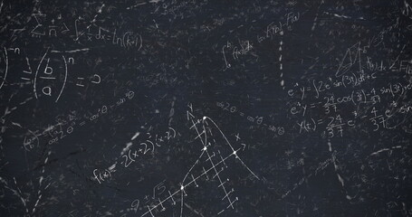 Image of mathematical data processing over black chalkboard