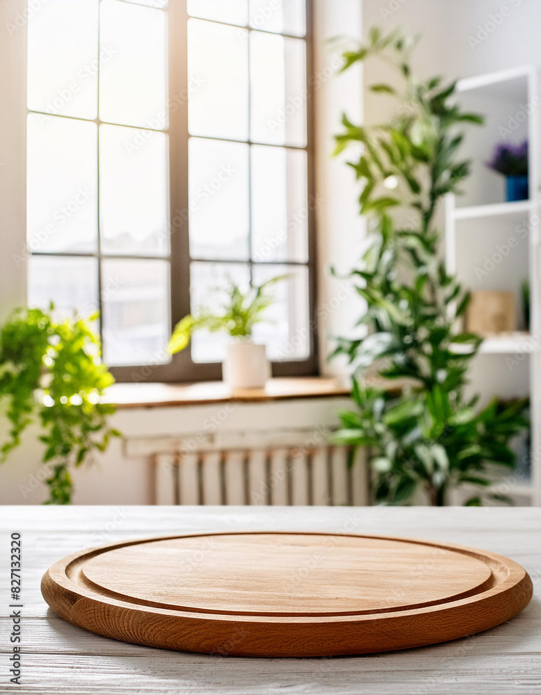 Poster empty table board and defocused indoor background. product display concept, high key light