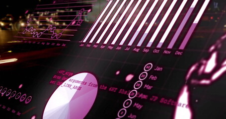 Image of stock market and data processing over cityscape
