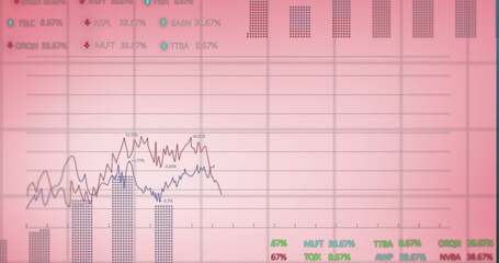 Image of financial data processing and statistics over pink background