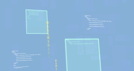 Image of programming language with binary codes and screens on blue background