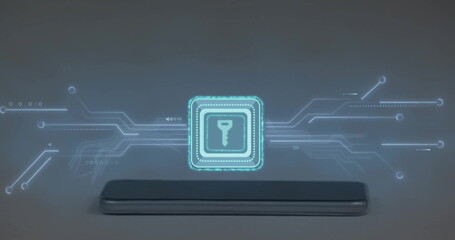 Image of key and network of connections on gray background